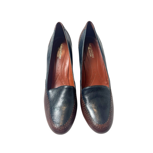 Naturalizer Oxford Loafers Block Heels Size 10M Navy Blue Brown Dark Academia - Picture 2 of 13